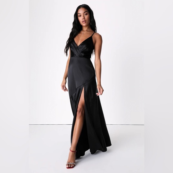Lulu’s Dreaming All Night Black Satin Surplice Mermaid Maxi Dress - worn once! - Picture 1 of 6